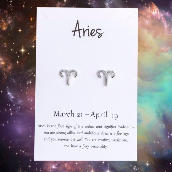 ARIES Zodiac Silvertone Stud Earrings - Picture 1 of 4